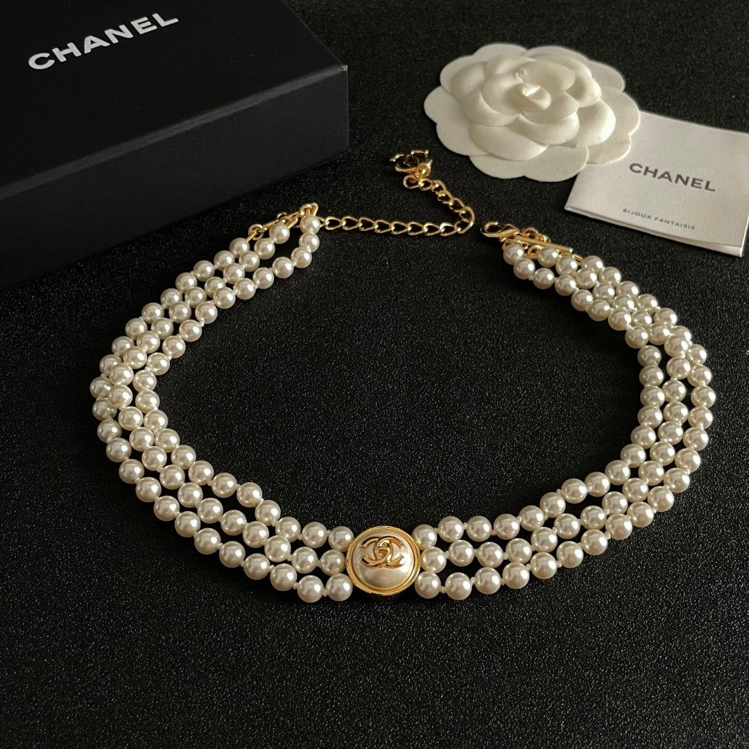 Double-C Emblem Pearl-Detail Pendant Necklace – Pearl Detail – Design 107 detail view
