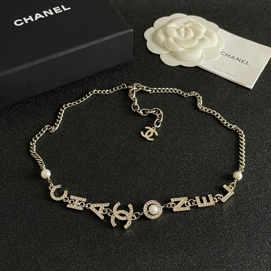 Double-C Emblem Pendant Necklace in Polished Metal-Tone – Design 055 detail view