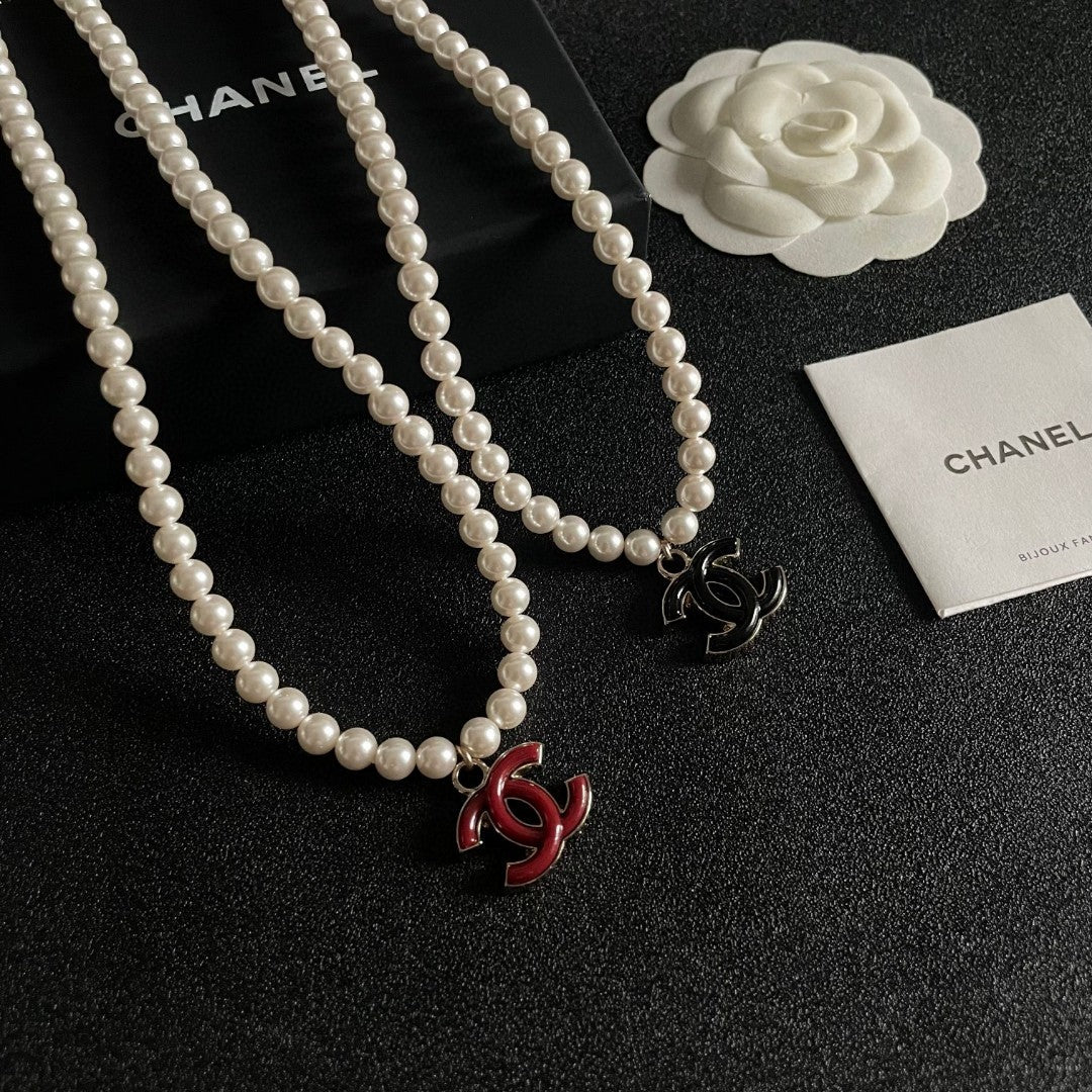 Double-C Emblem Pearl-Detail Pendant Necklace – Pearl Detail – Design 084 detail view