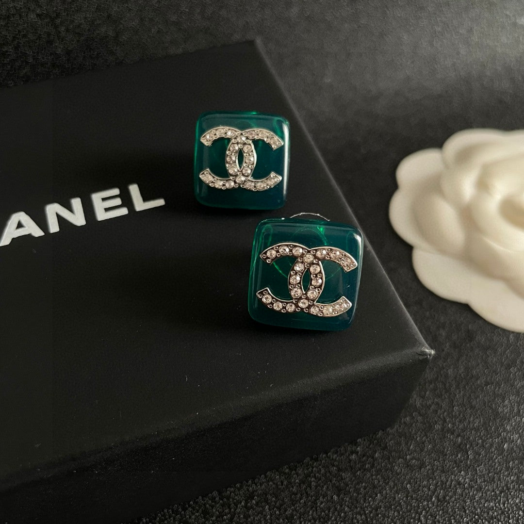Double-C Emblem Crystal-Accent Stud Earrings – Design 024 detail view