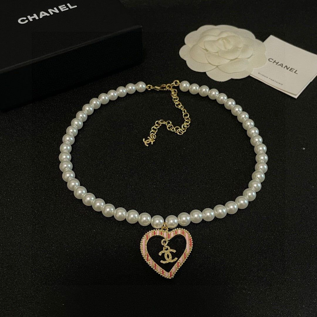 Double-C Emblem Pearl-Detail Pendant Necklace – Pearl Detail – Design 044 detail view