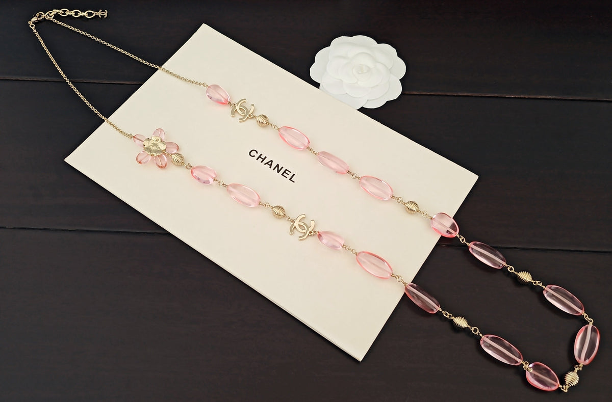 Signature Emblem Pendant Necklace in Gold-Tone – Pink Detail – Design 007 side detail