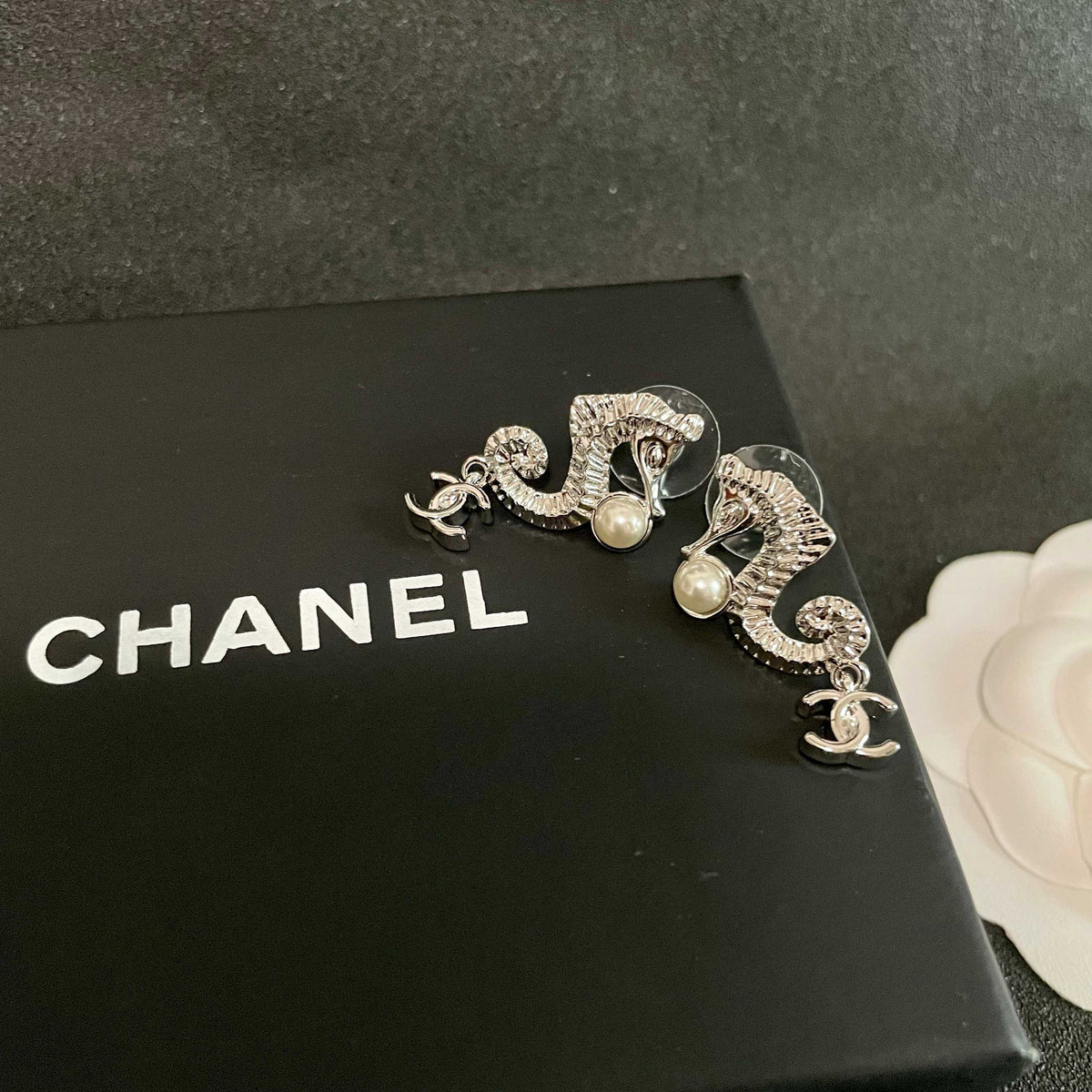 Double-C Emblem Pearl-Detail Statement Earrings – Pearl Detail – Design 016 detail view