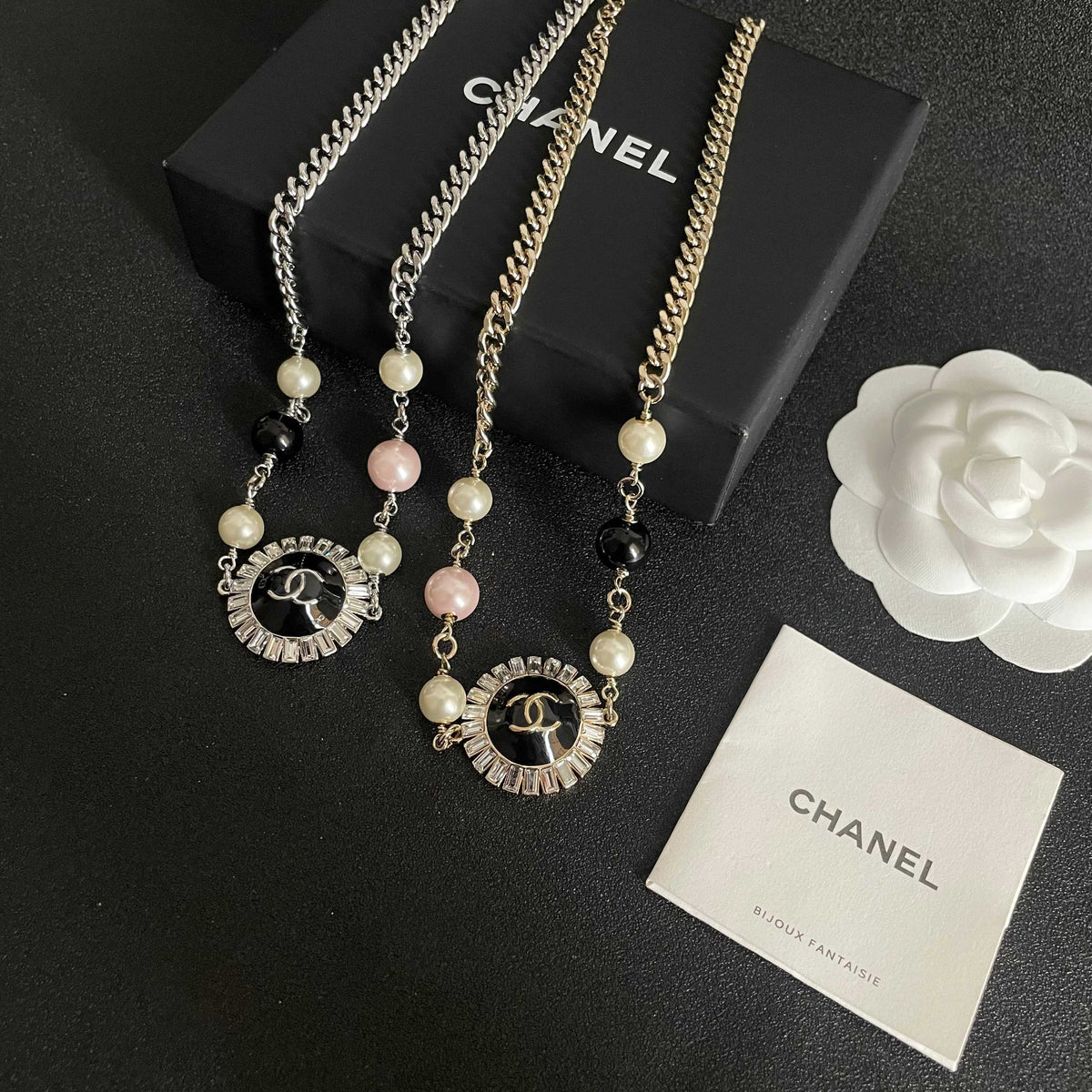 Double-C Emblem Pearl-Detail Pendant Necklace – Pearl Detail – Design 035 side detail