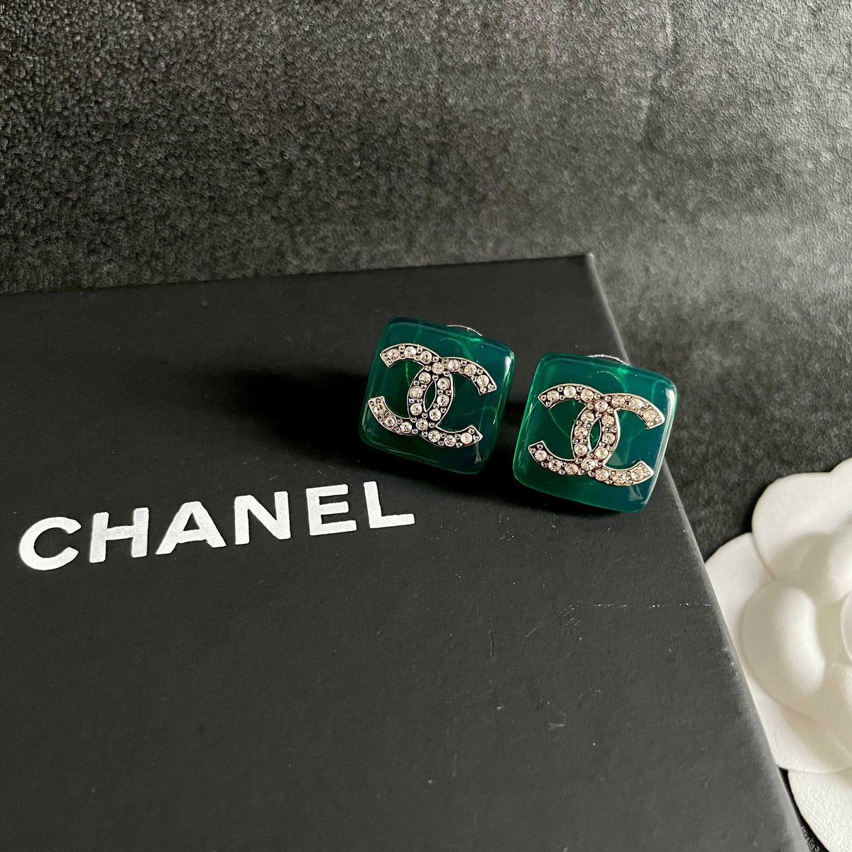 Double-C Emblem Crystal-Accent Stud Earrings – Design 015 detail view