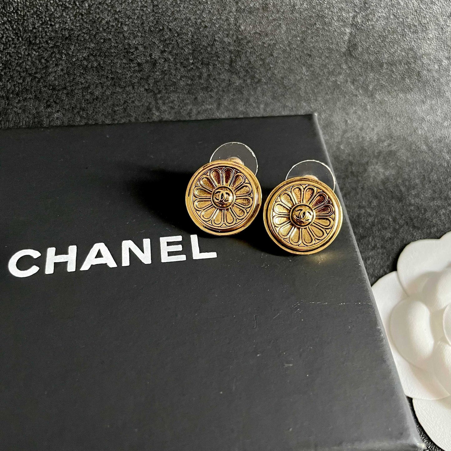 Double-C Emblem Stud Earrings in Polished Metal-Tone – Design 205 detail view