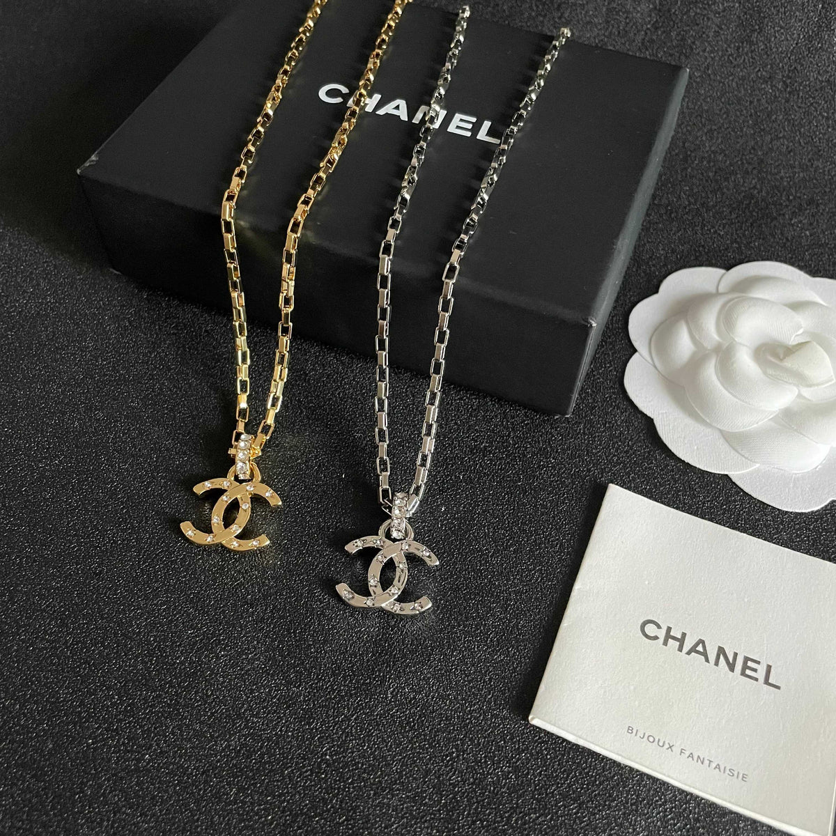 Double-C Emblem Crystal-Accent Pendant Necklace – Design 033 side detail