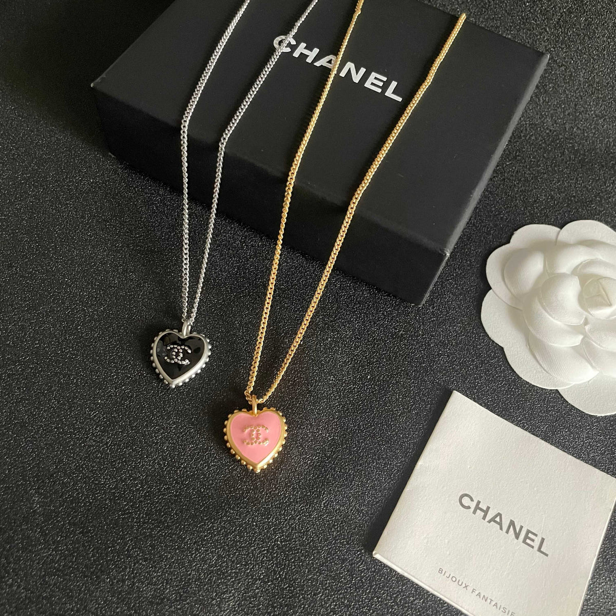 Double-C Emblem Pendant Necklace in Polished Metal-Tone – Heart Detail – Design 003 side detail