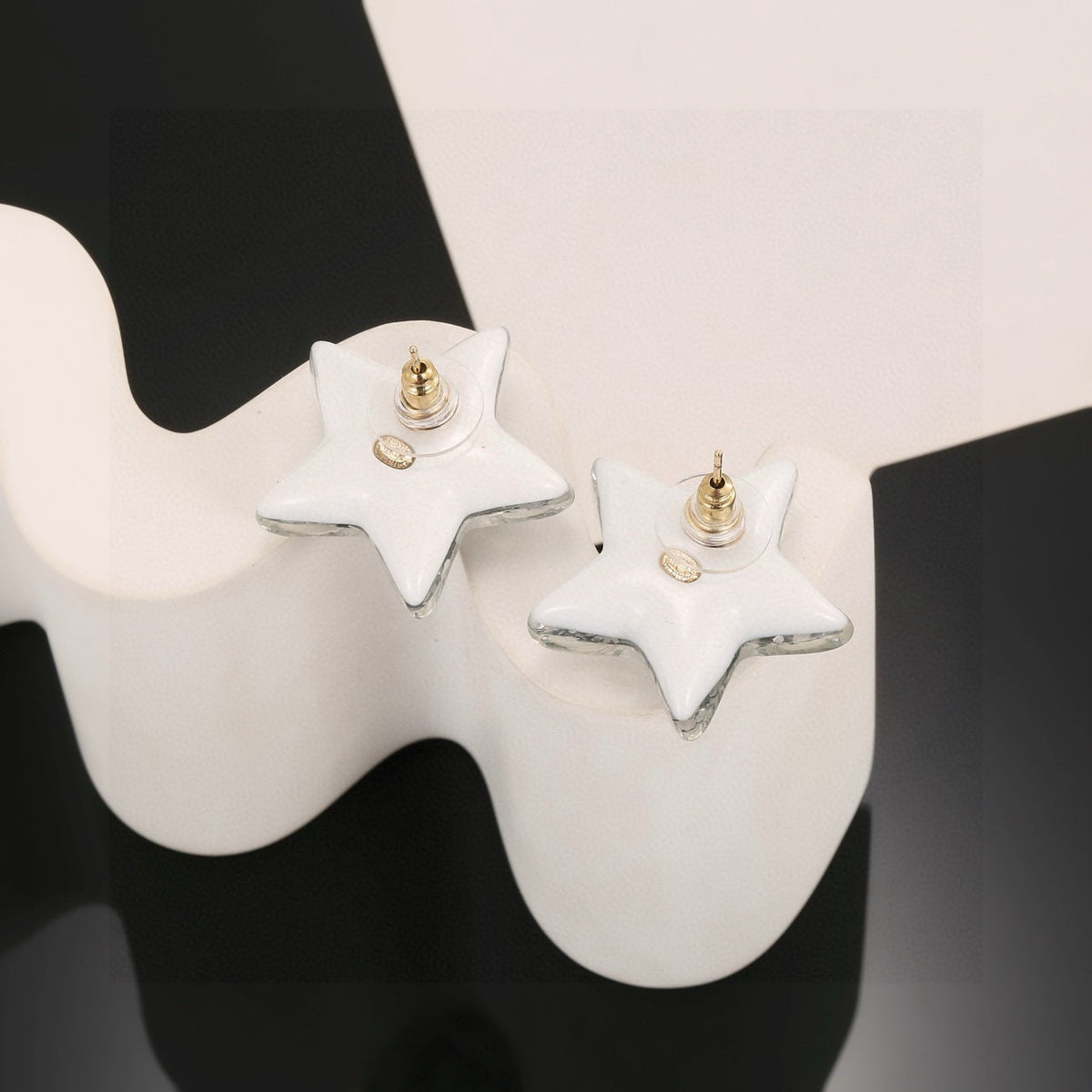 Double-C Emblem Stud Earrings in Silver-Tone – Star Detail – Design 004 front product view