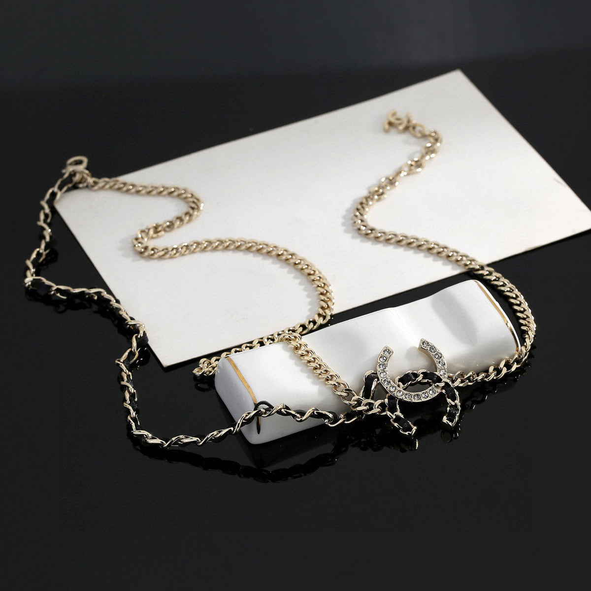 Signature Emblem Pendant Necklace in Gold-Tone – Black Detail – Design 011 styled product view