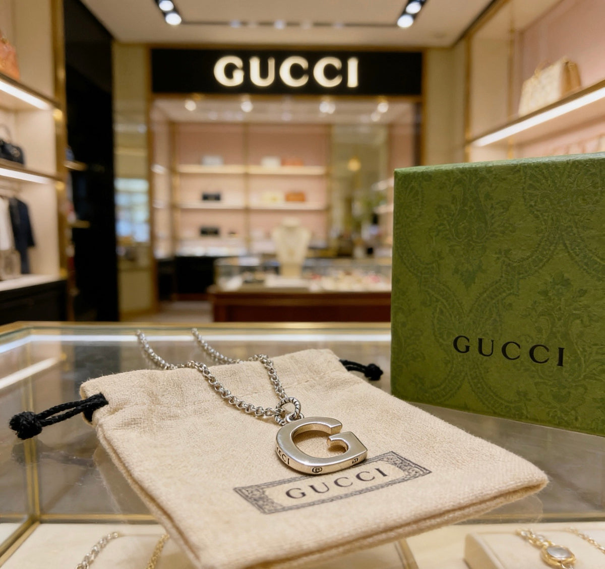 Double-G Emblem Pendant Necklace in Polished Metal-Tone – Design 132 detail view