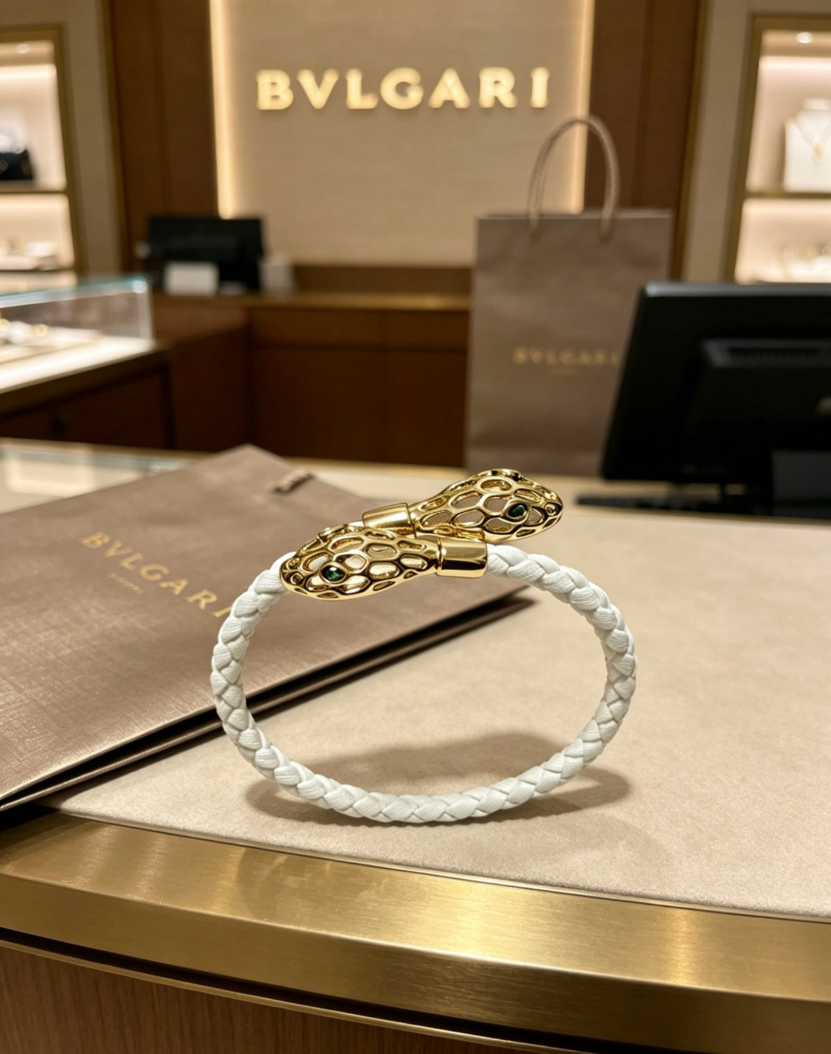 Geometric Emblem Braided Bracelet in Polished Metal-Tone – Design 011 detail view