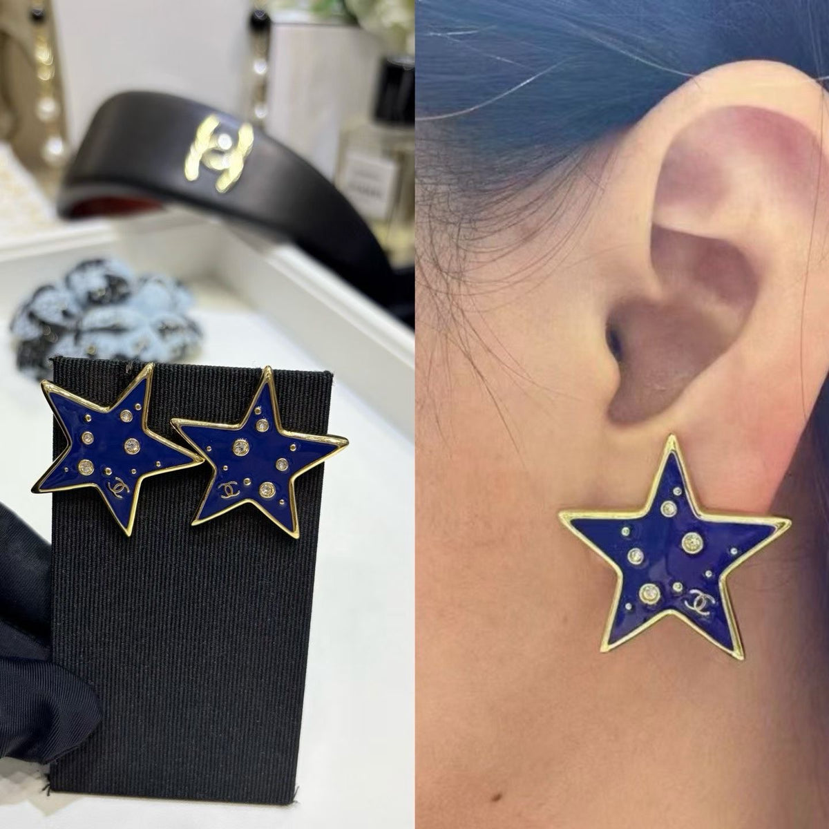 Double-C Emblem Crystal-Accent Stud Earrings – Star Detail – Design 003 detail view
