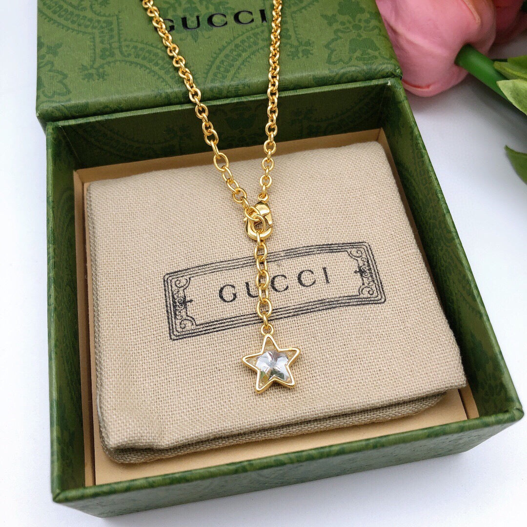 Double-G Emblem Pendant Necklace in Polished Metal-Tone – Crystal Detail – Design 004 styled product view