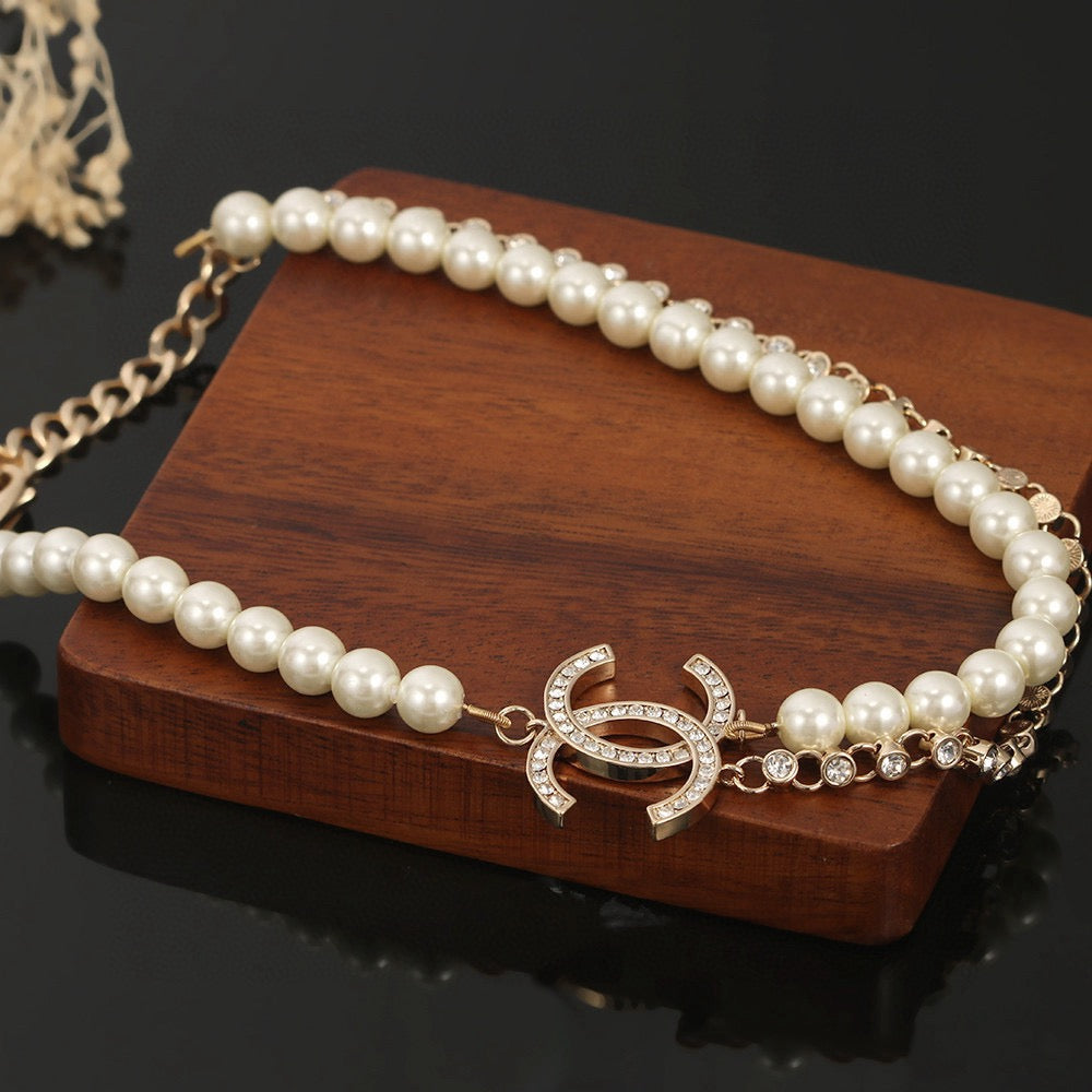 Double-C Emblem Pearl-Detail Pendant Necklace – Pearl Detail – Design 040 main product view