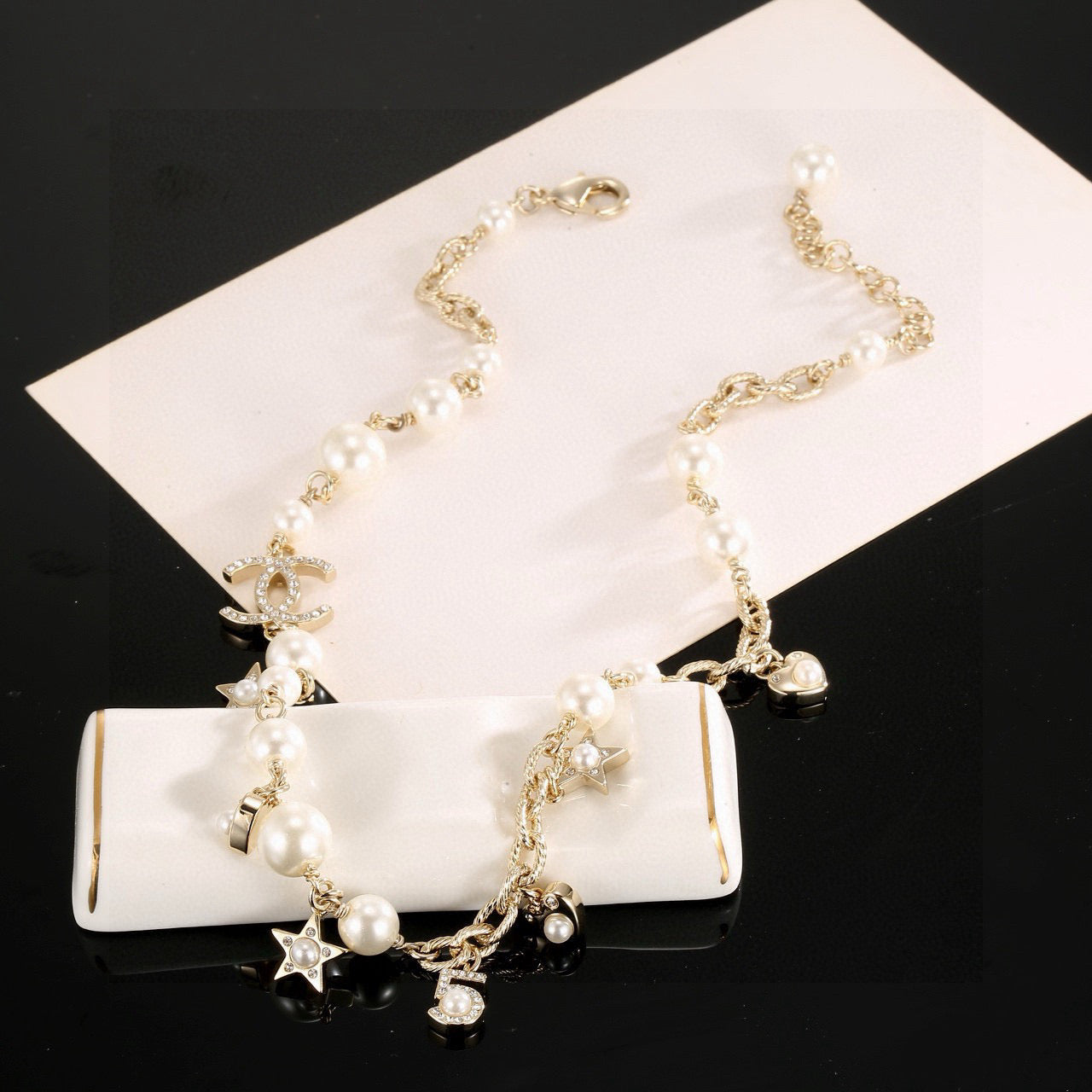 Double-C Emblem Pendant Necklace in Polished Metal-Tone – Star Detail – Design 003 main product view