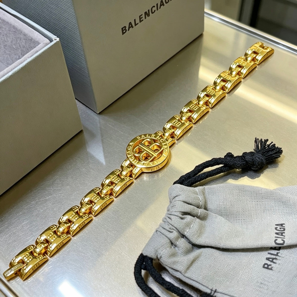Geometric Emblem Bracelet in Polished Metal-Tone – Design 065 detail view