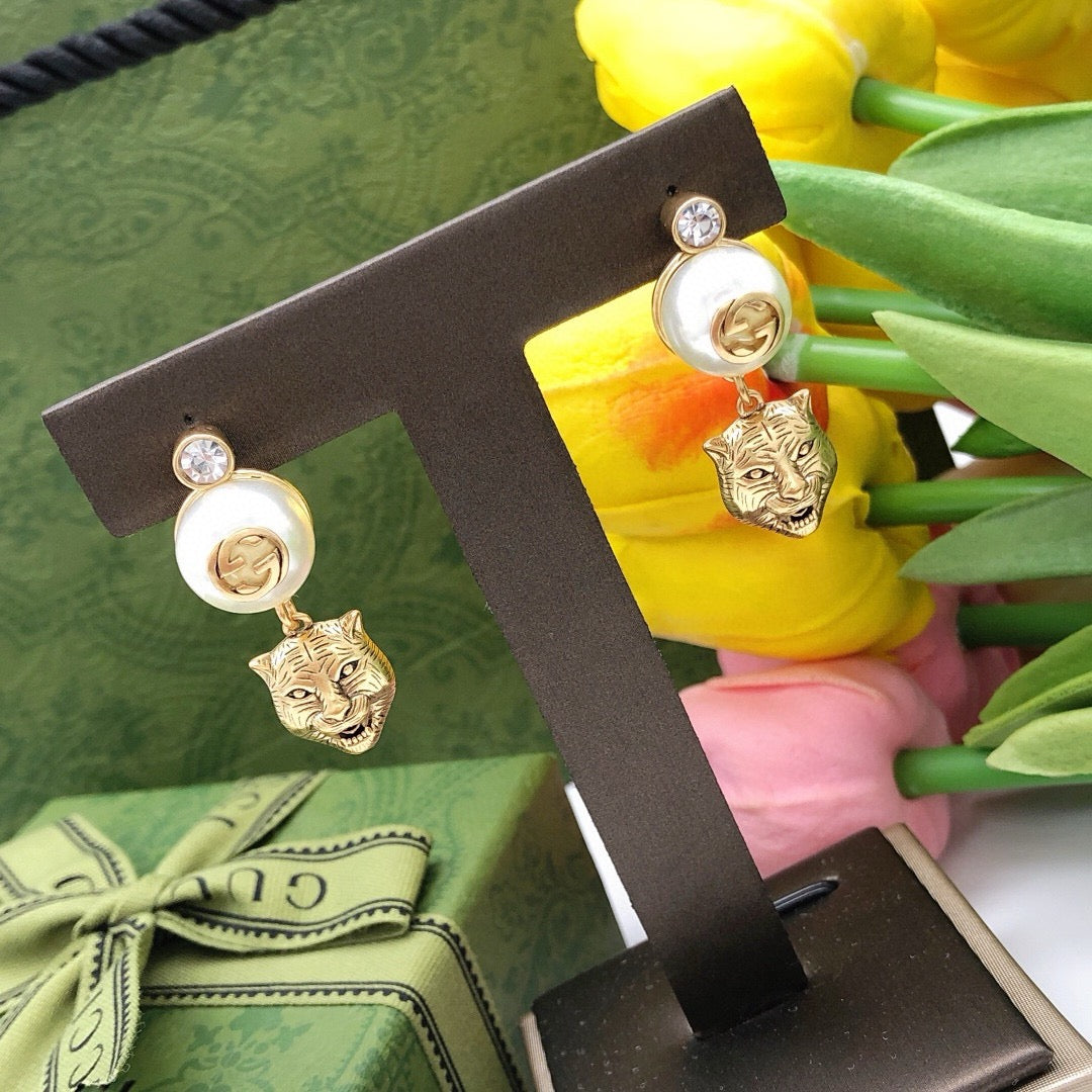 Tiger Head Statement Earrings in Polished Metal-Tone main product view
