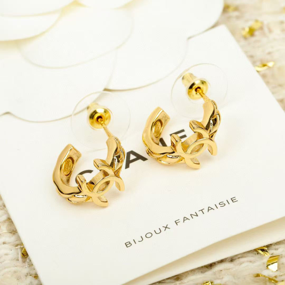 Double-C Emblem Stud Earrings in Gold-Tone – Design 049 styled product view