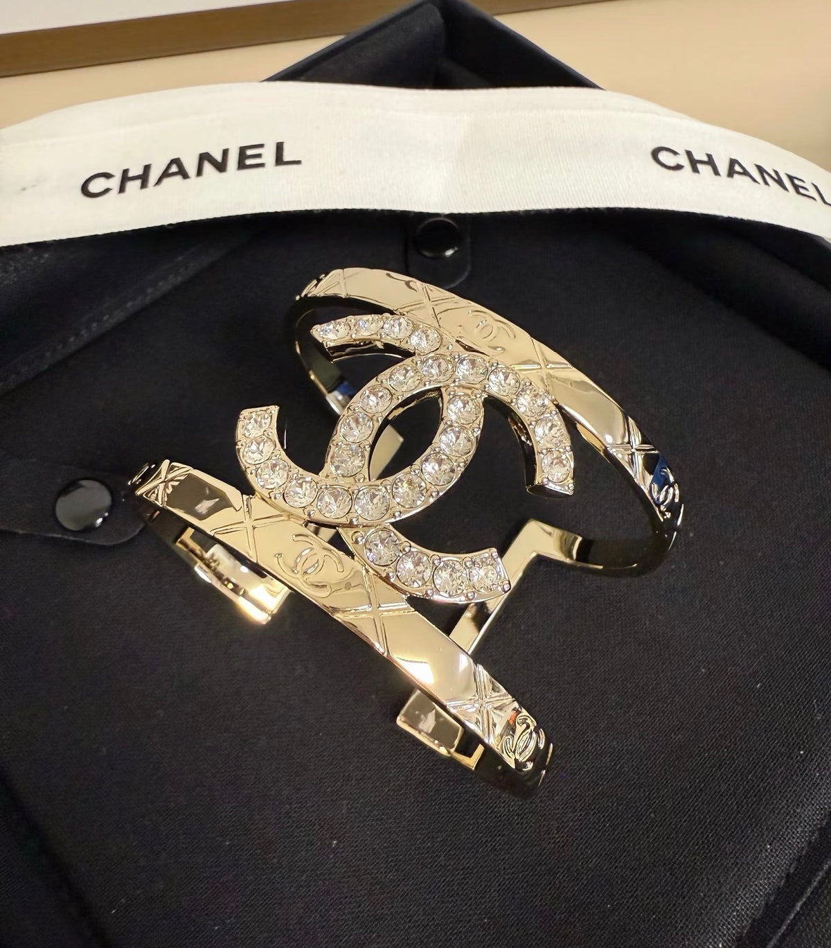 Signature Emblem Bangle in Polished Metal-Tone – Black Detail – Design 010 main product view
