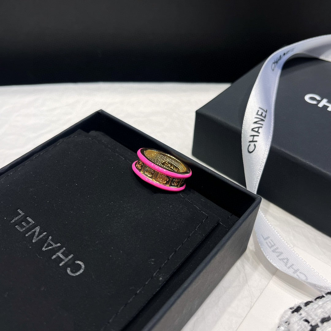 Double-C Emblem Statement Ring in Polished Metal-Tone – White Detail – Design 004 front product view