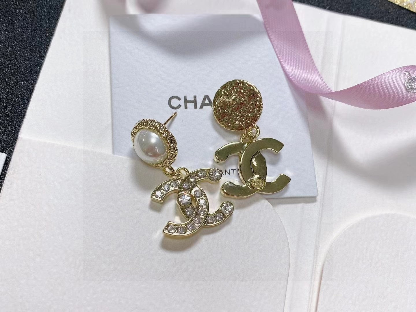 Double-C Emblem Stud Earrings in Polished Metal-Tone – Design 466 side detail