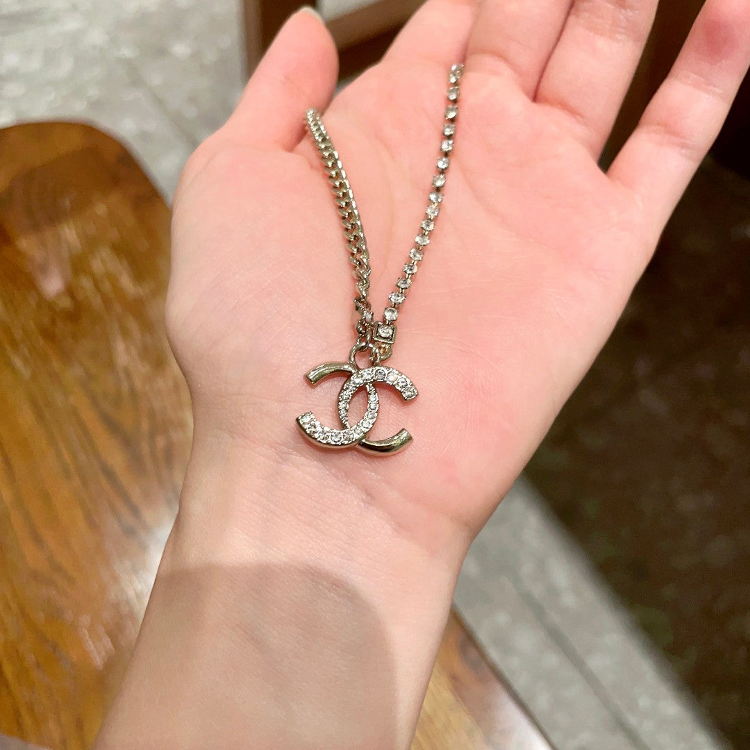 Double-C Emblem Crystal-Accent Pendant Necklace – Design 048 side detail