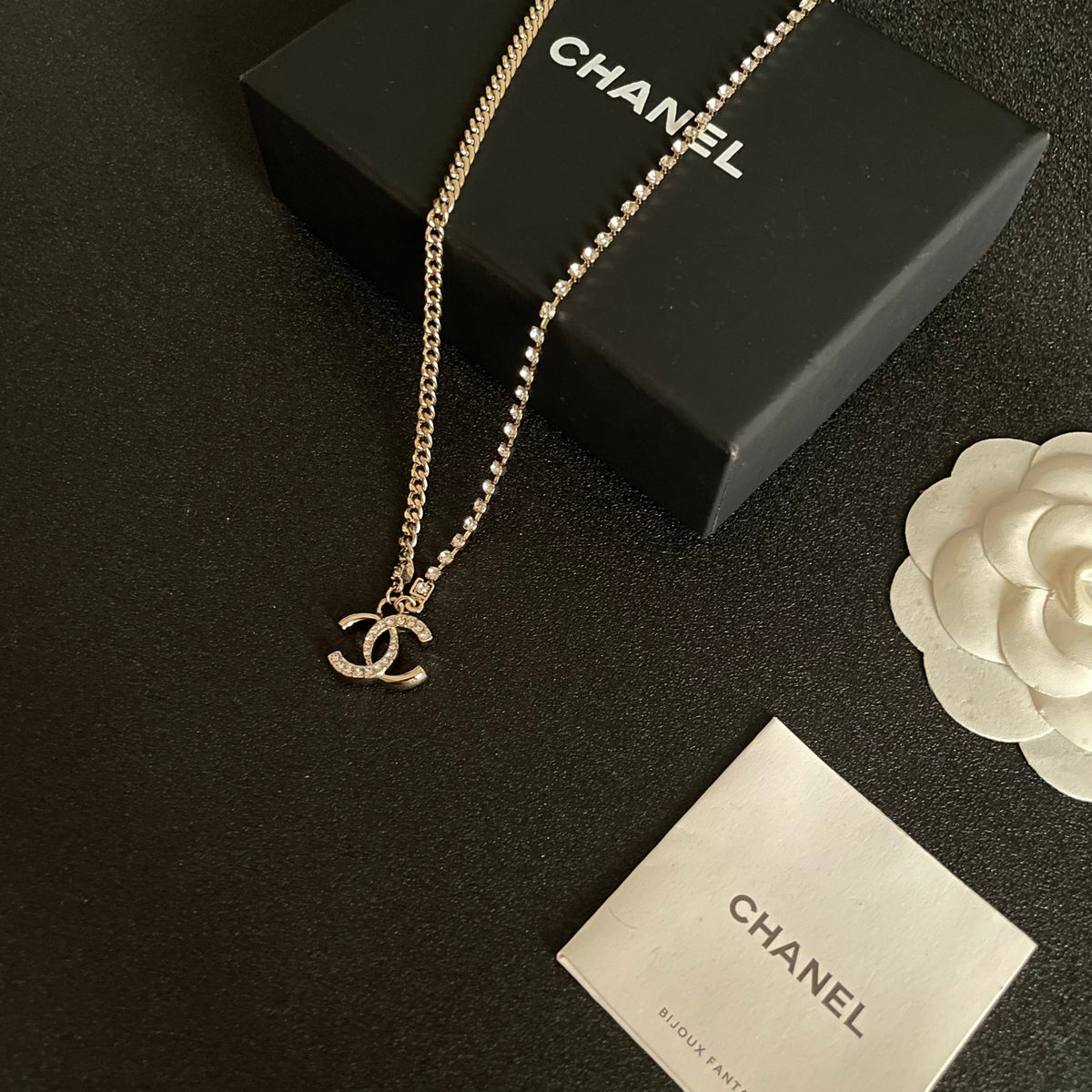 Double-C Emblem Crystal-Accent Pendant Necklace – Design 048 close-up detail