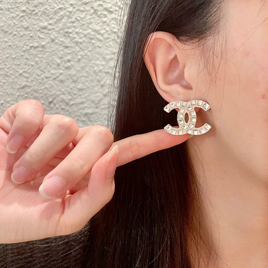 Double-C Emblem Crystal-Accent Stud Earrings – Design 057 front product view