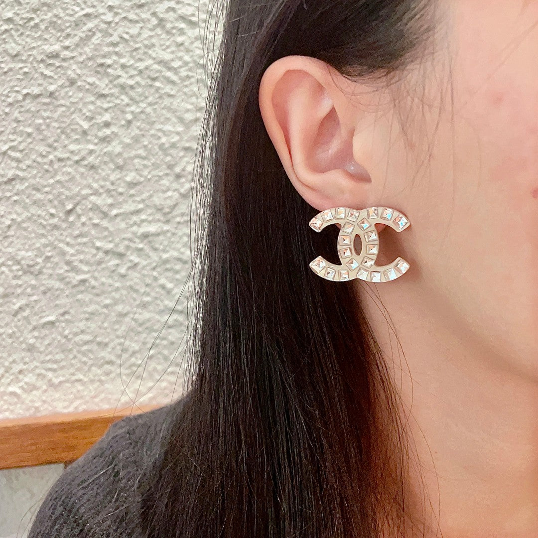 Double-C Emblem Crystal-Accent Stud Earrings – Design 057 detail view