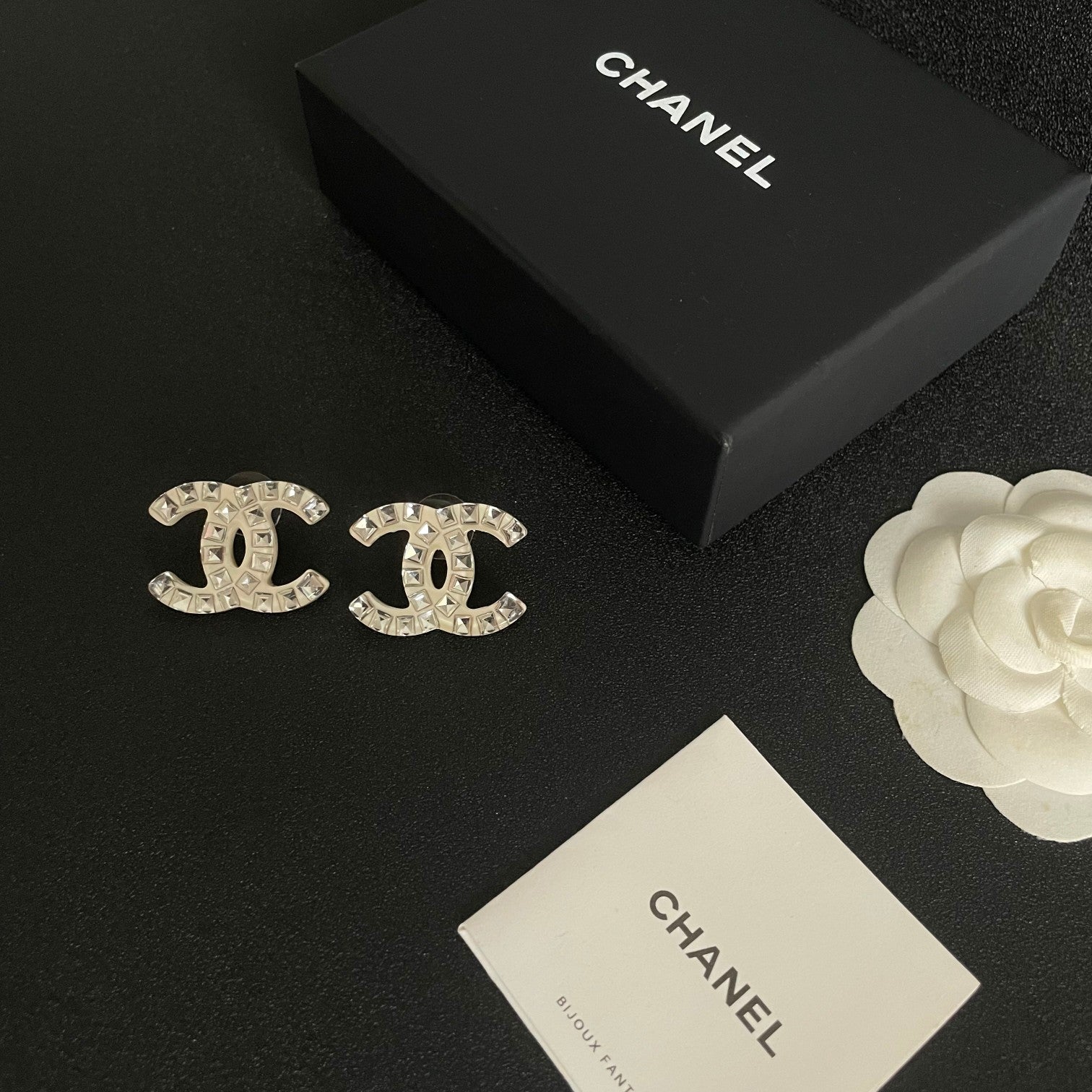 Double-C Emblem Crystal-Accent Stud Earrings – Design 057 close-up detail