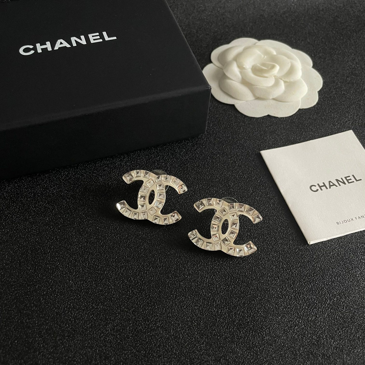 Double-C Emblem Crystal-Accent Stud Earrings – Design 057 styled product view