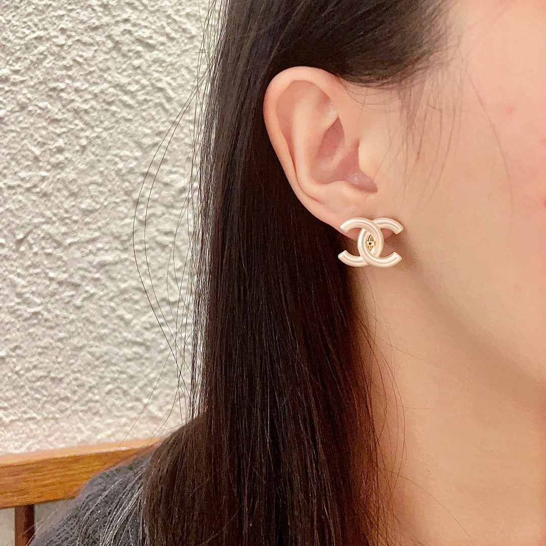 Double-C Emblem Stud Earrings in Polished Metal-Tone – Design 379 side detail