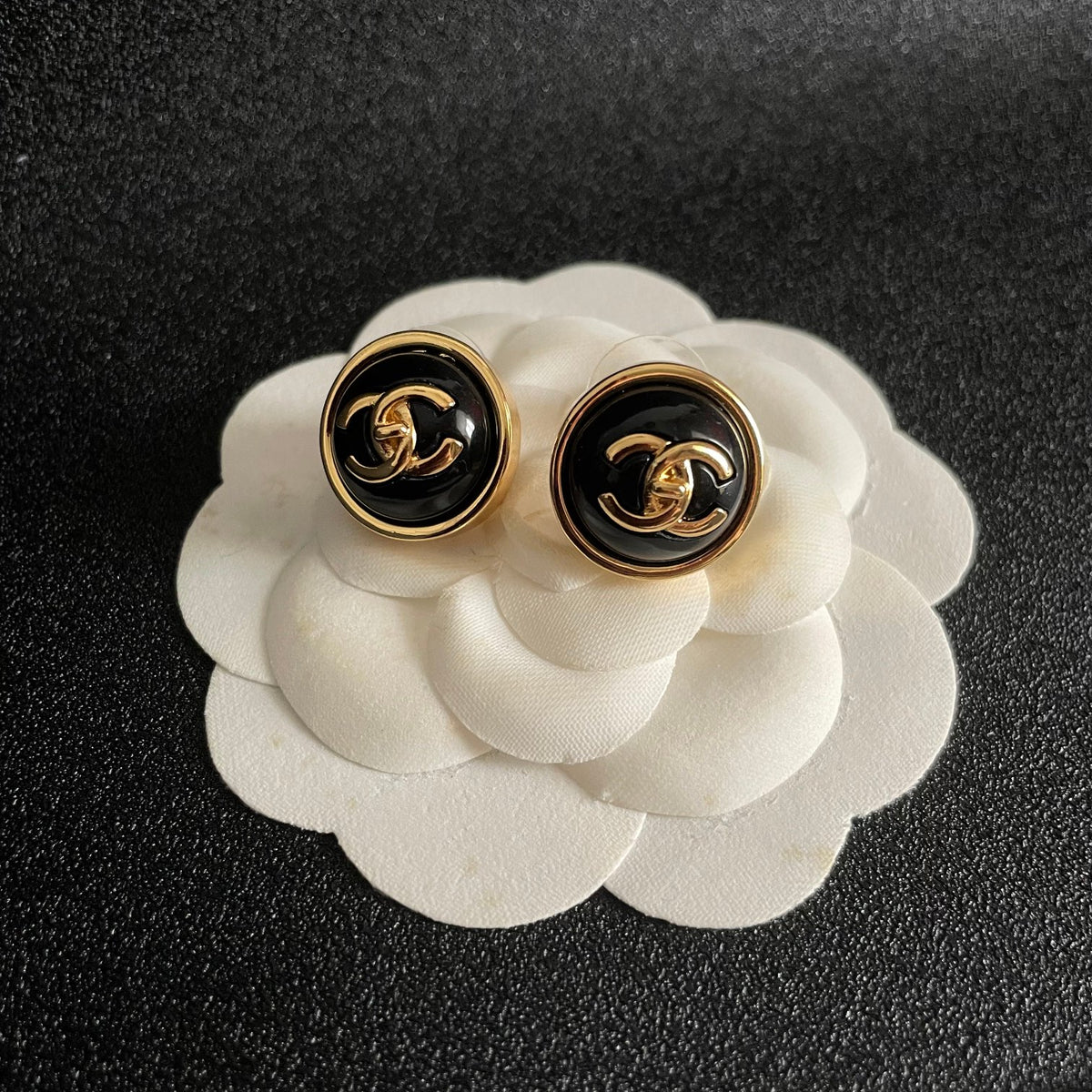 Double-C Emblem Stud Earrings in Polished Metal-Tone – Design 378 front product view