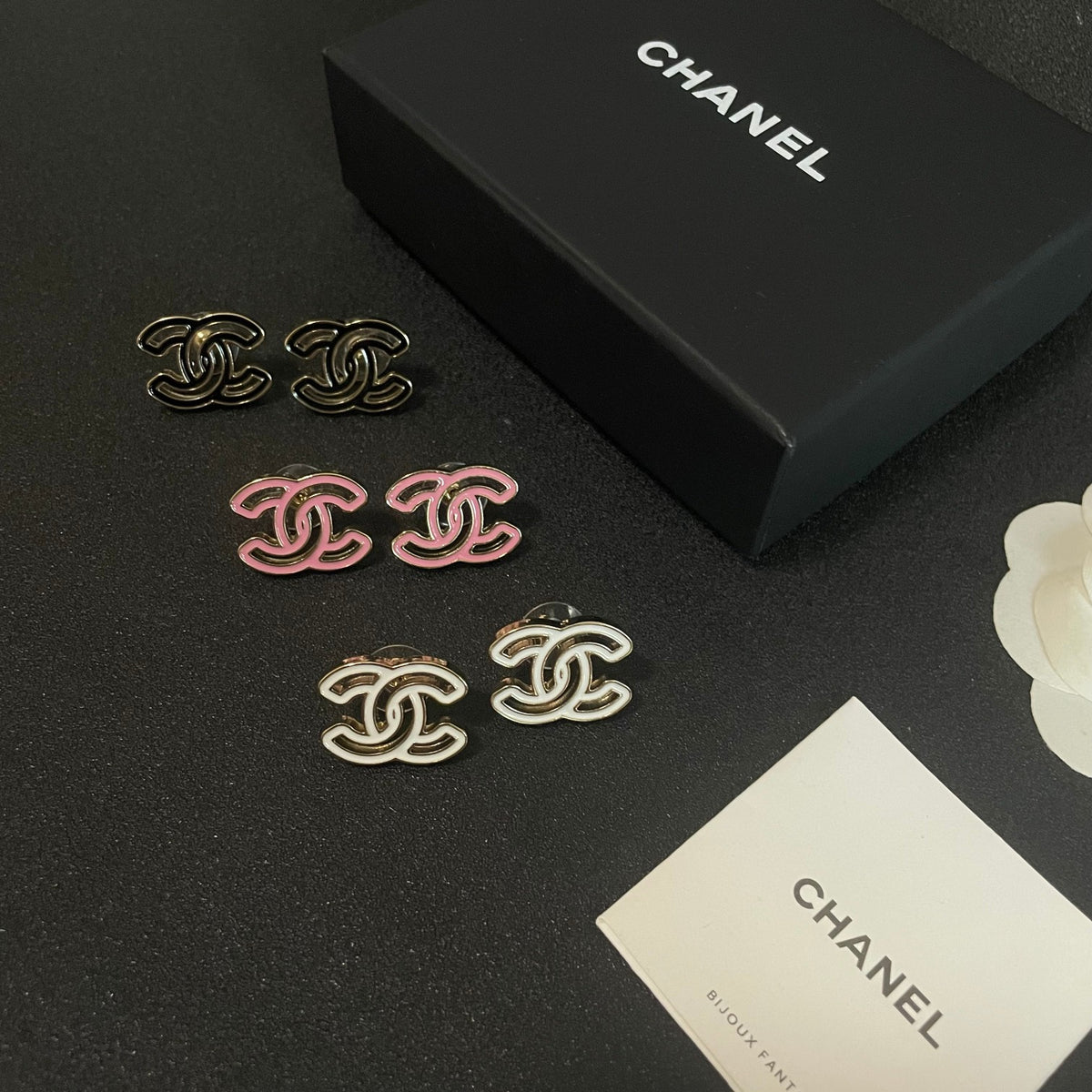 Double-C Emblem Stud Earrings in Polished Metal-Tone – Design 377 side detail