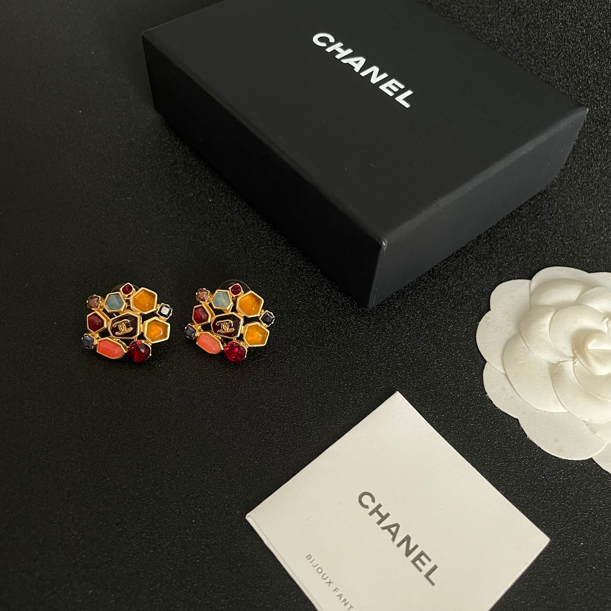 Double-C Emblem Crystal-Accent Stud Earrings – Design 056 close-up detail