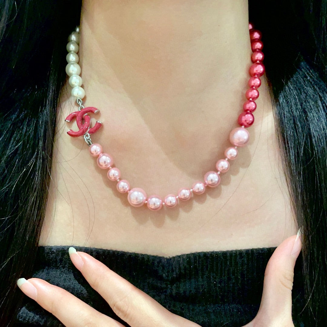 Double-C Emblem Pearl-Detail Pendant Necklace – Pearl Detail – Design 116 front product view