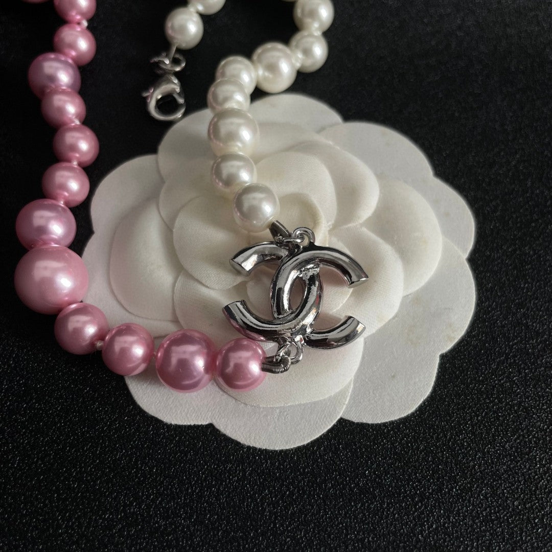 Double-C Emblem Pearl-Detail Pendant Necklace – Pearl Detail – Design 116 front product view
