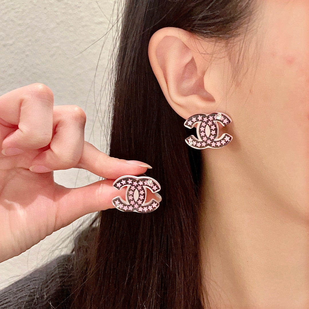 Double-C Emblem Stud Earrings in Polished Metal-Tone – Star Detail – Design 019 main product view