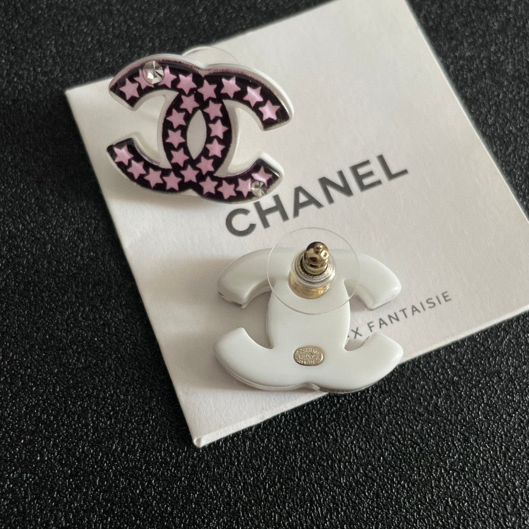 Double-C Emblem Stud Earrings in Polished Metal-Tone – Star Detail – Design 019 main product view