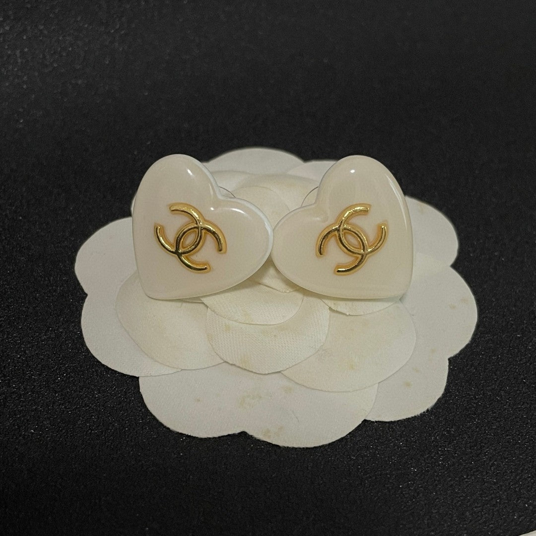 Double-C Emblem Stud Earrings in Polished Metal-Tone – Heart Detail – Design 015 front product view