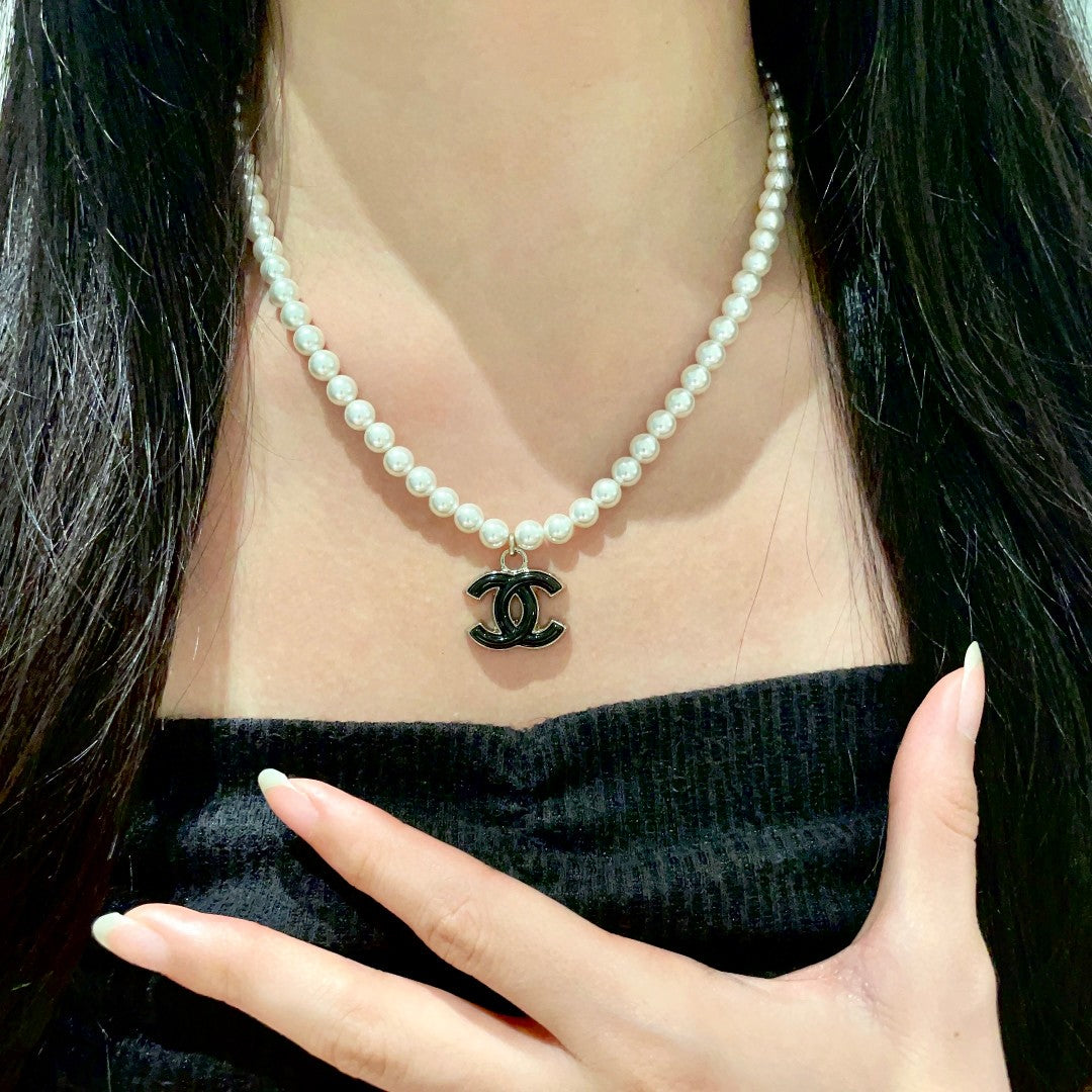 Double-C Emblem Pearl-Detail Pendant Necklace – Pearl Detail – Design 108 front product view