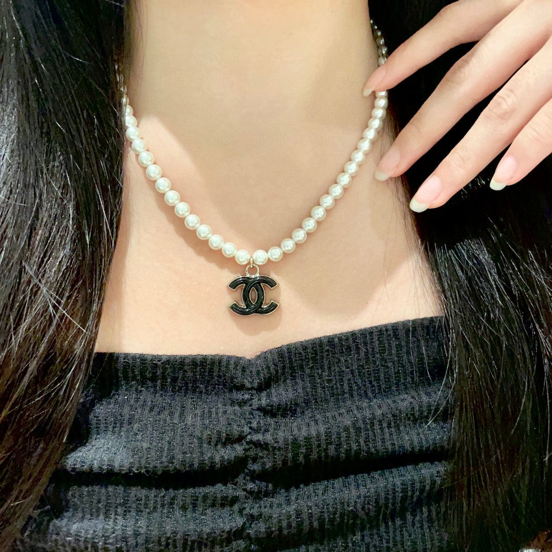 Double-C Emblem Pearl-Detail Pendant Necklace – Pearl Detail – Design 108 main product view