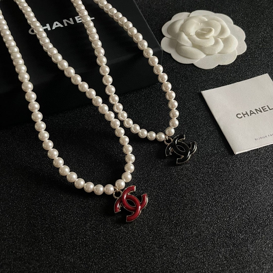 Double-C Emblem Pearl-Detail Pendant Necklace – Pearl Detail – Design 108 side detail