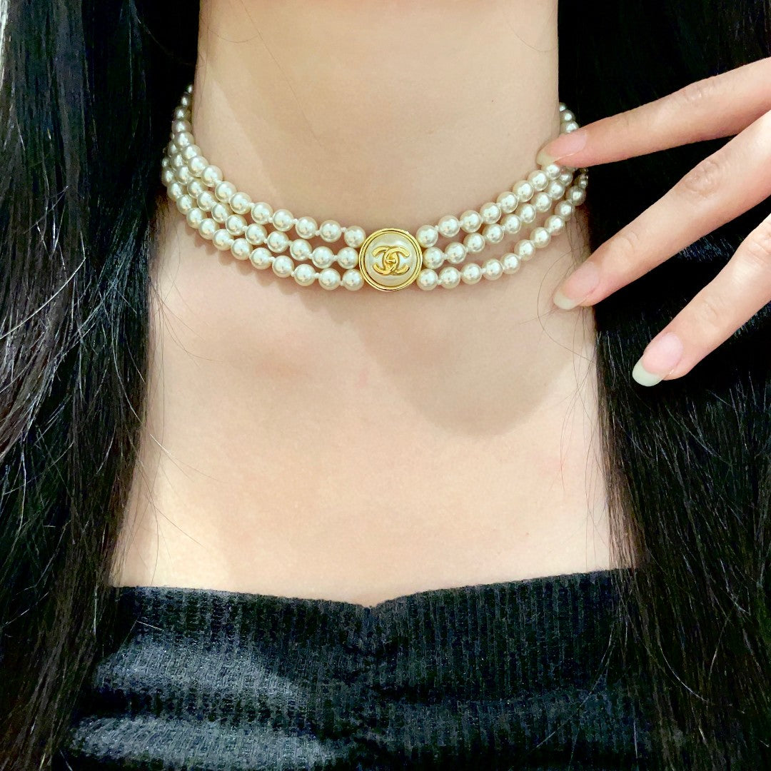 Double-C Emblem Pearl-Detail Pendant Necklace – Pearl Detail – Design 107 main product view