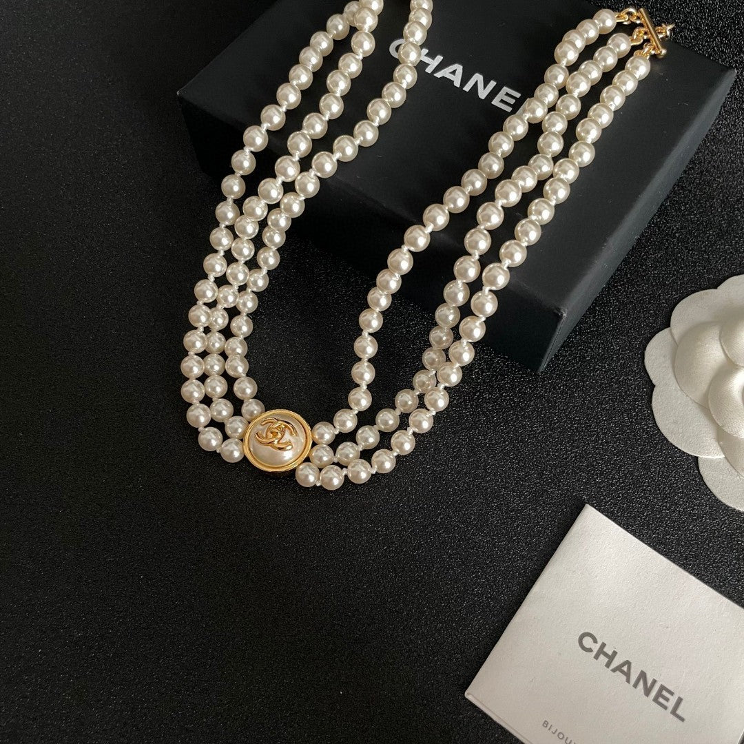 Double-C Emblem Pearl-Detail Pendant Necklace – Pearl Detail – Design 107 close-up detail