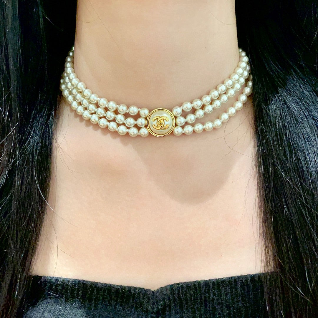 Double-C Emblem Pearl-Detail Pendant Necklace – Pearl Detail – Design 107 detail view