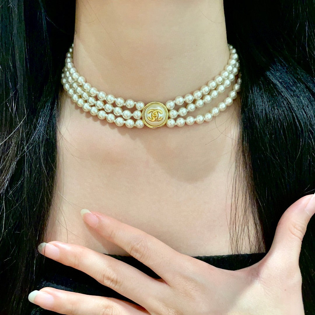 Double-C Emblem Pearl-Detail Pendant Necklace – Pearl Detail – Design 107 front product view