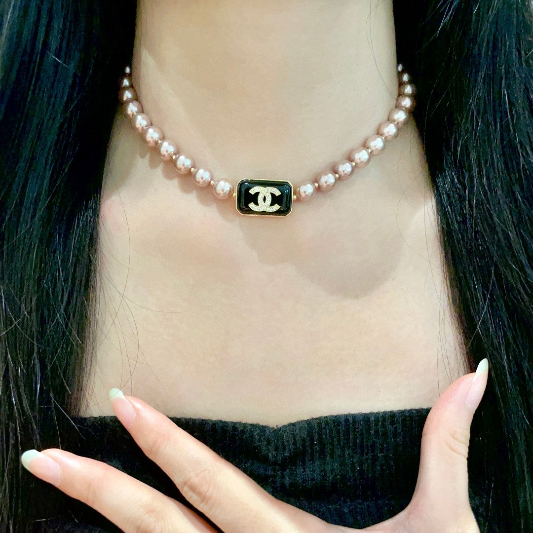 Double-C Emblem Pearl-Detail Pendant Necklace – Pearl Detail – Design 101 front product view