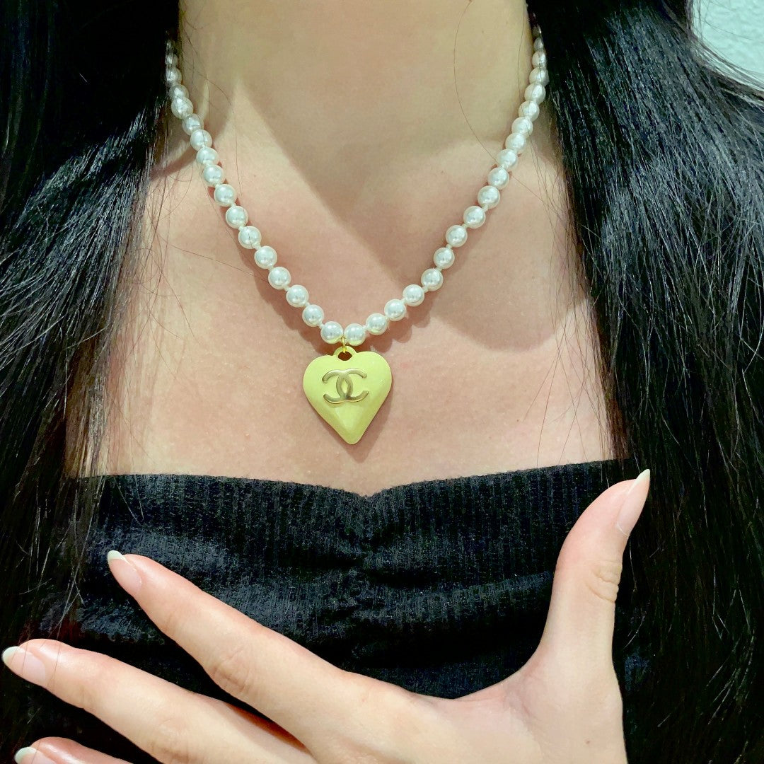 Double-C Emblem Pearl-Detail Pendant Necklace – Pearl Detail – Design 106 front product view